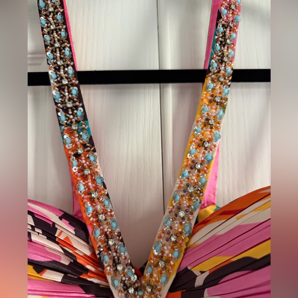 Faviana Couture Colorful Embellished Long Satin Maxi Dress Formal Gown Size 12 - Picture 9 of 16
